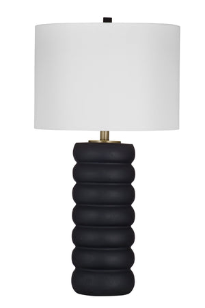 Basset Mirror Pareena Table Lamp – Elegant Stacked Design In Black Resin With Textured Wood Finish & Linen Shade Black Resin,Hard Back Linen Shade L4394t