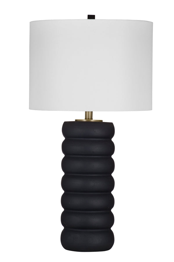 Basset Mirror Pareena Table Lamp – Elegant Stacked Design In Black Resin With Textured Wood Finish & Linen Shade Black Resin,Hard Back Linen Shade L4394t