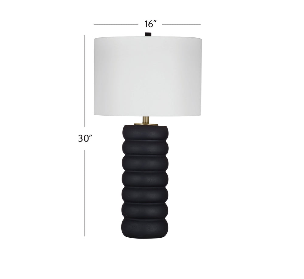 Basset Mirror Pareena Table Lamp – Elegant Stacked Design In Black Resin With Textured Wood Finish & Linen Shade Black Resin,Hard Back Linen Shade L4394t