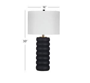 Basset Mirror Pareena Table Lamp – Elegant Stacked Design In Black Resin With Textured Wood Finish & Linen Shade Black Resin,Hard Back Linen Shade L4394t