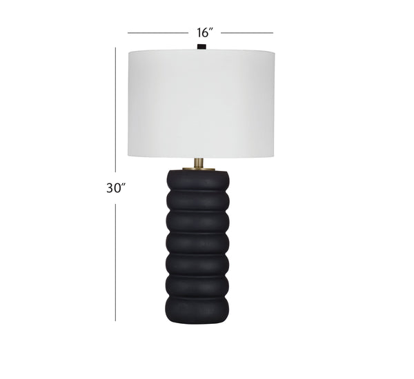 Basset Mirror Pareena Table Lamp – Elegant Stacked Design In Black Resin With Textured Wood Finish & Linen Shade Black Resin,Hard Back Linen Shade L4394t