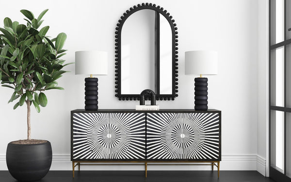 Basset Mirror Pareena Table Lamp – Elegant Stacked Design In Black Resin With Textured Wood Finish & Linen Shade Black Resin,Hard Back Linen Shade L4394t