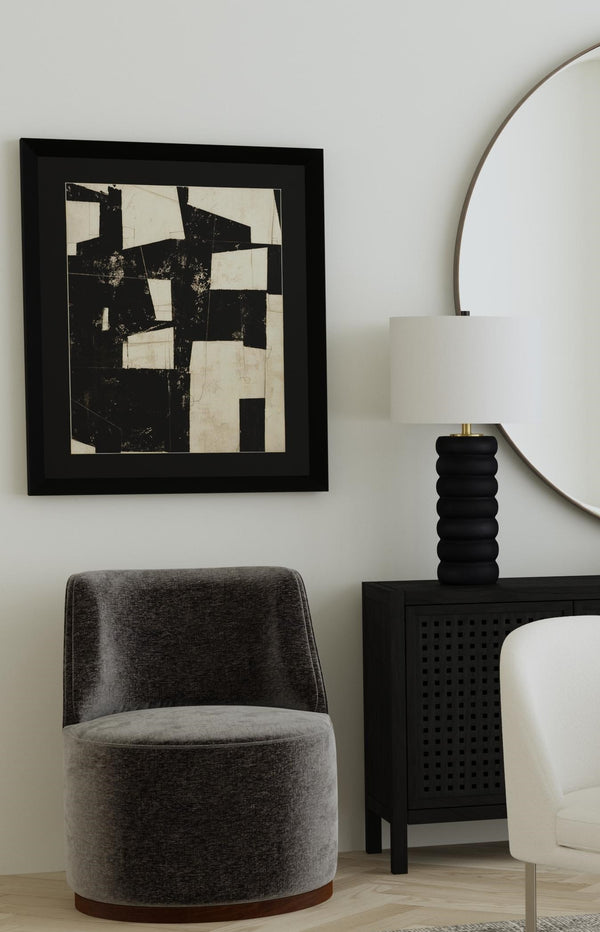 Basset Mirror Pareena Table Lamp – Elegant Stacked Design In Black Resin With Textured Wood Finish & Linen Shade Black Resin,Hard Back Linen Shade L4394t
