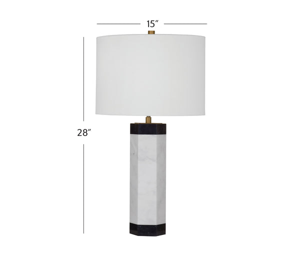 Basset Mirror Charlie Table Lamp - Modern Black & White Marble Design With Adjustable 3-way Lighting & 60" Cord White Marble ,Hard Back Linen Shade L4419t