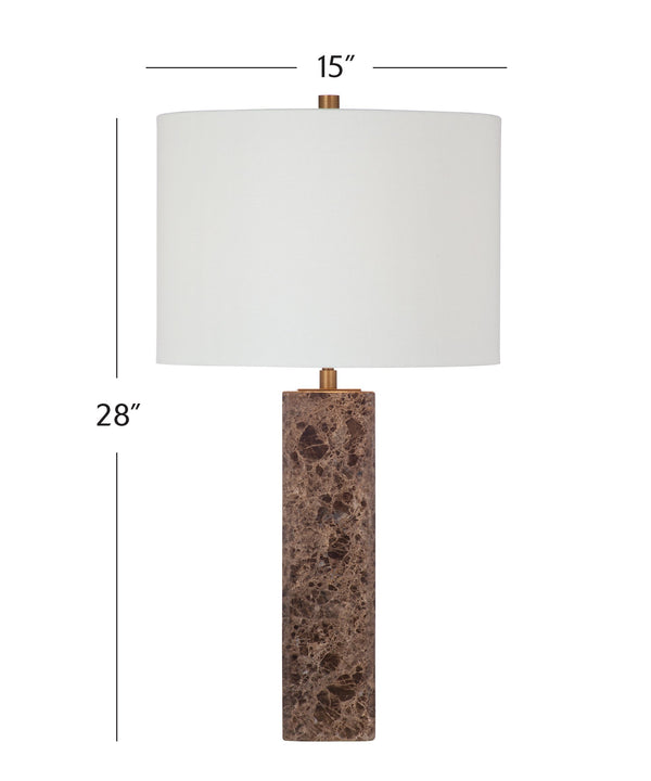 Basset Mirror Berrien Table Lamp: Elegant Brown Marble Base, Versatile Design, Adjustable 3-way Lighting Functionality Brown Marble,Hard Back Linen Shade L4479t