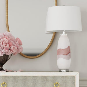 Basset Mirror Benin Table Lamp - Elegant Art Glass Design With White Linen Shade In Matte White, Mauve & Gray White Art Glass,Metal,Hard Back Linen Shade L4486t