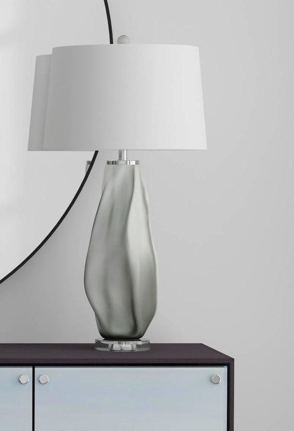 Basset Mirror Gabon Table Lamp – Handcrafted Art Glass With Unique Smoke Finish And Elegant White Linen Shade Gray Art Glass,Metal,Hard Back Linen Shade L4489t