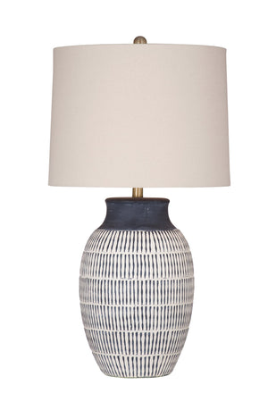 Basset Mirror Marrengo Table Lamp - Exquisite Matte Blue Ceramic Design With Elegant Off-white Shade For Modern Spaces Blue Ceramic,Hard Back Linen Shade L4510t