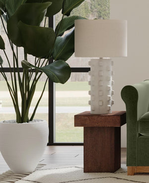 Basset Mirror Mellette Table Lamp - Elegant Ceramic Design With Matte White Finish & White Drum Shade For Home Decor White Ceramic,Hard Back Linen Shade L4515t