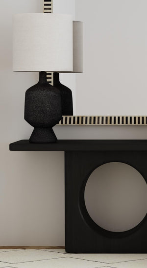 Basset Mirror Hartley Table Lamp – Chic Matte Black Design With Drum Shade For Elegant Ambiance & Modern Style Black Resin,Hard Back Linen Shade L4517t