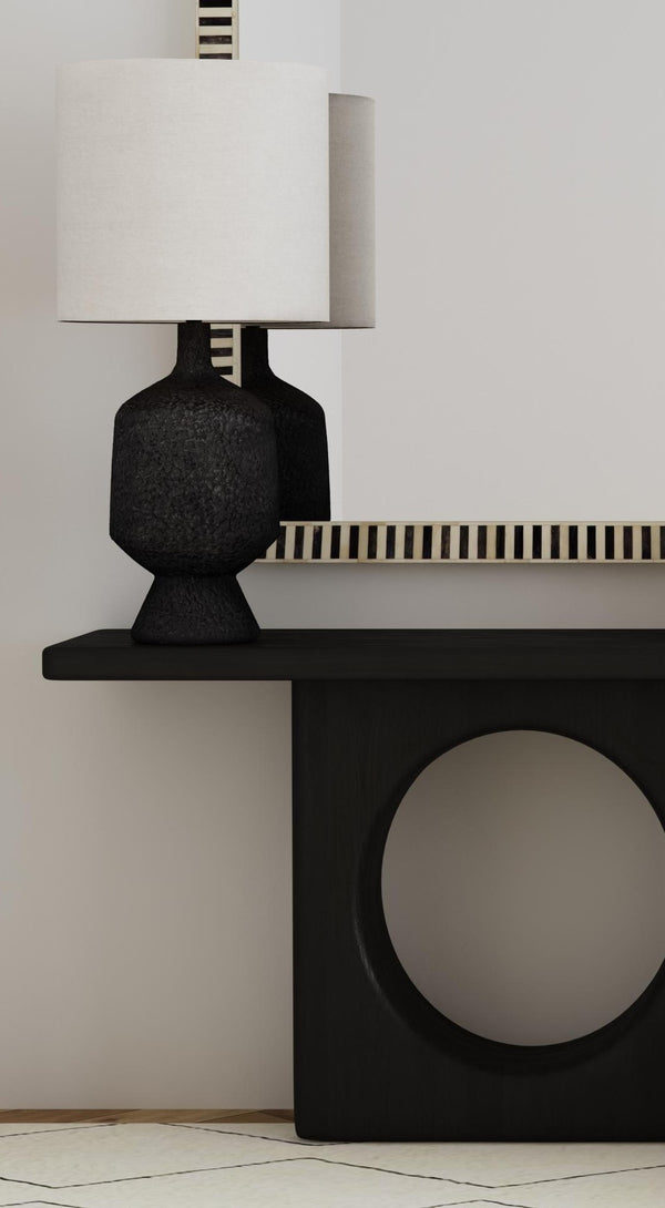 Basset Mirror Hartley Table Lamp – Chic Matte Black Design With Drum Shade For Elegant Ambiance & Modern Style Black Resin,Hard Back Linen Shade L4517t
