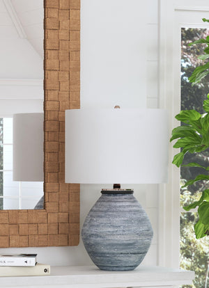 Basset Mirror Midlands Table Lamp - Industrial Chic Cement Craft With Matte Blue Finish & Soft White Shade Glow Blue Cement,Hard Back Linen Shade L4534t