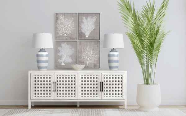 Basset Mirror Harper Table Lamp - Coastal-inspired Ceramic Design With Soothing Blue Stripes And White Shade Blue Ceramic,Hard Back Linen Shade L4546t
