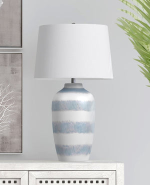 Basset Mirror Harper Table Lamp - Coastal-inspired Ceramic Design With Soothing Blue Stripes And White Shade Blue Ceramic,Hard Back Linen Shade L4546t