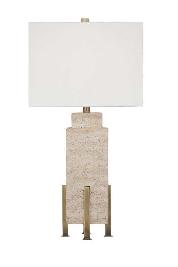 Basset Mirror Iris Table Lamp – Elegant Travertine Base With Metallic Accents & Classic White Shade For Any Decor Brown Concrete & Metal L4560t