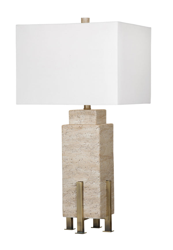 Basset Mirror Iris Table Lamp – Elegant Travertine Base With Metallic Accents & Classic White Shade For Any Decor Brown Concrete & Metal L4560t