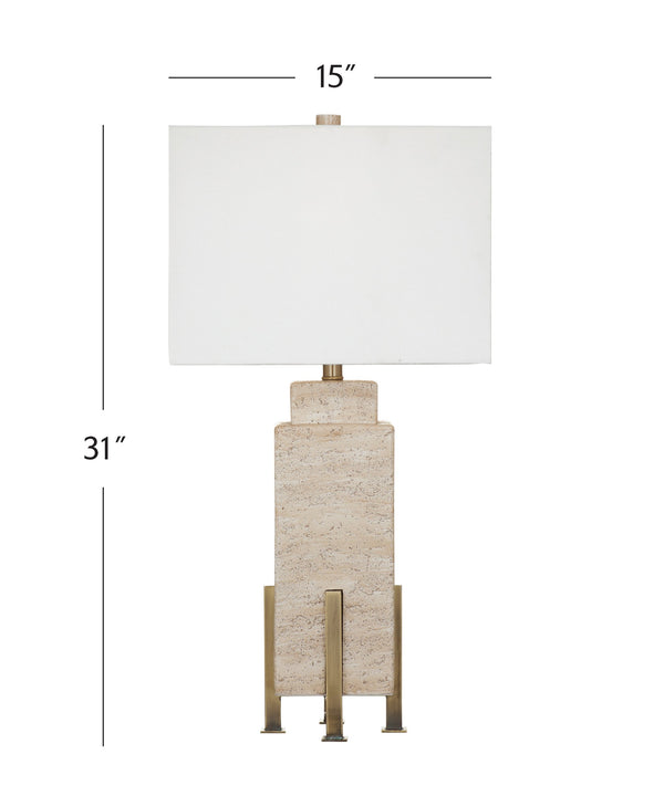 Basset Mirror Iris Table Lamp – Elegant Travertine Base With Metallic Accents & Classic White Shade For Any Decor Brown Concrete & Metal L4560t