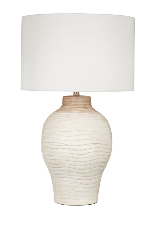Basset Mirror Gala Table Lamp - Modern Boho Design With Cream & Brown Wave Base And Soft White Drum Shade Glow Cream Ceramic L4727t