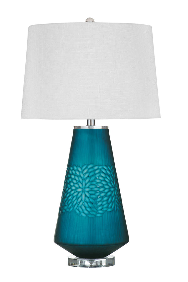Basset Mirror Marly Table Lamp: Coastal Contemporary Design With Blue Glass Base & White Drum Shade For Elegance Blue Glass L4733t