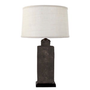 Zentique Pottery handcrafted lamp with granular clay texture, slim metal accents, earthy glaze, tall profile W8 x H36 x D8 L5297L