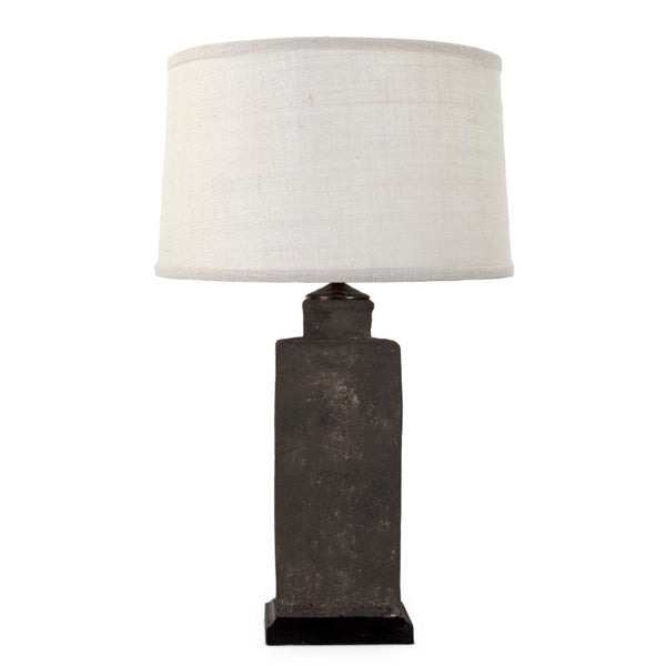 Zentique Pottery handcrafted lamp with granular clay texture, slim metal accents, earthy glaze, tall profile W8 x H36 x D8 L5297L