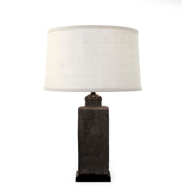 Zentique Pottery handcrafted lamp with granular clay texture, slim metal accents, earthy glaze, tall profile W6.5 x H23 x D6.5 L5297M