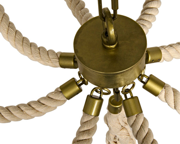 Noir Alec Chandelier: Coastal-Inspired Antique Brass Lighting with Hand-Tied Rope for Elegant Spaces LAMP384MB