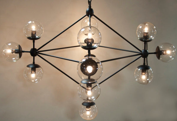 Noir Pluto Chandelier - Modern Black Iron Fixture with 13 Glass Bulbs for Stunning Ambient Lighting LAMP478MTB-S
