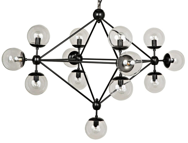 Noir Pluto Chandelier - Modern Black Iron Fixture with 13 Glass Bulbs for Stunning Ambient Lighting LAMP478MTB-S