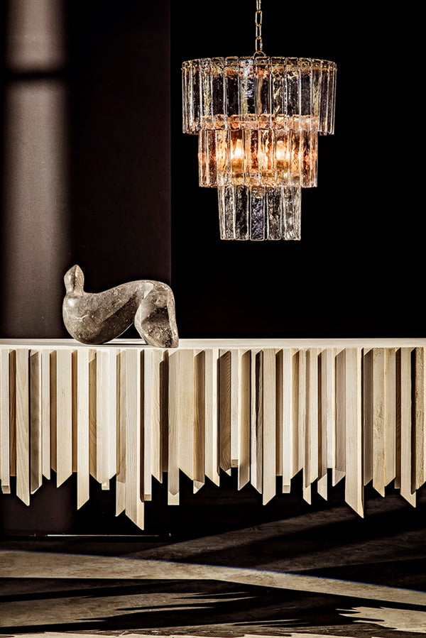 Noir Bruna Chandelier: Small Vintage-Inspired Fixture with Antique Brass Finish & Glass Paillettes Sparkle LAMP570MB-S