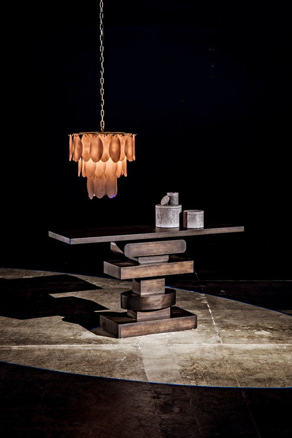 Noir Lotus Chandelier: Artisan Glass Petals & Antique Brass Frame for Elegant Home Lighting Décor LAMP650MB