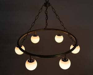 Noir Modena Chandelier - Elegant Small Metal Fixture with Antique Brass Finish and Six Frosted Shades LAMP658MB