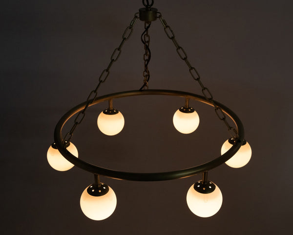 Noir Modena Chandelier - Elegant Small Metal Fixture with Antique Brass Finish and Six Frosted Shades LAMP658MB