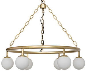 Noir Modena Chandelier - Elegant Small Metal Fixture with Antique Brass Finish and Six Frosted Shades LAMP658MB