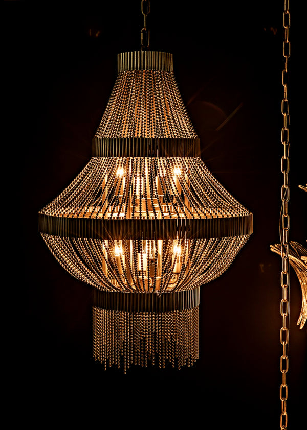 Noir Domo Chandelier - Handcrafted Antique Brass with Cascading Metal Beads for Luxurious Illumination LAMP695MB