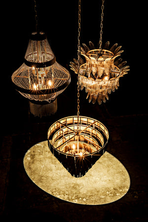 Noir Domo Chandelier - Handcrafted Antique Brass with Cascading Metal Beads for Luxurious Illumination LAMP695MB