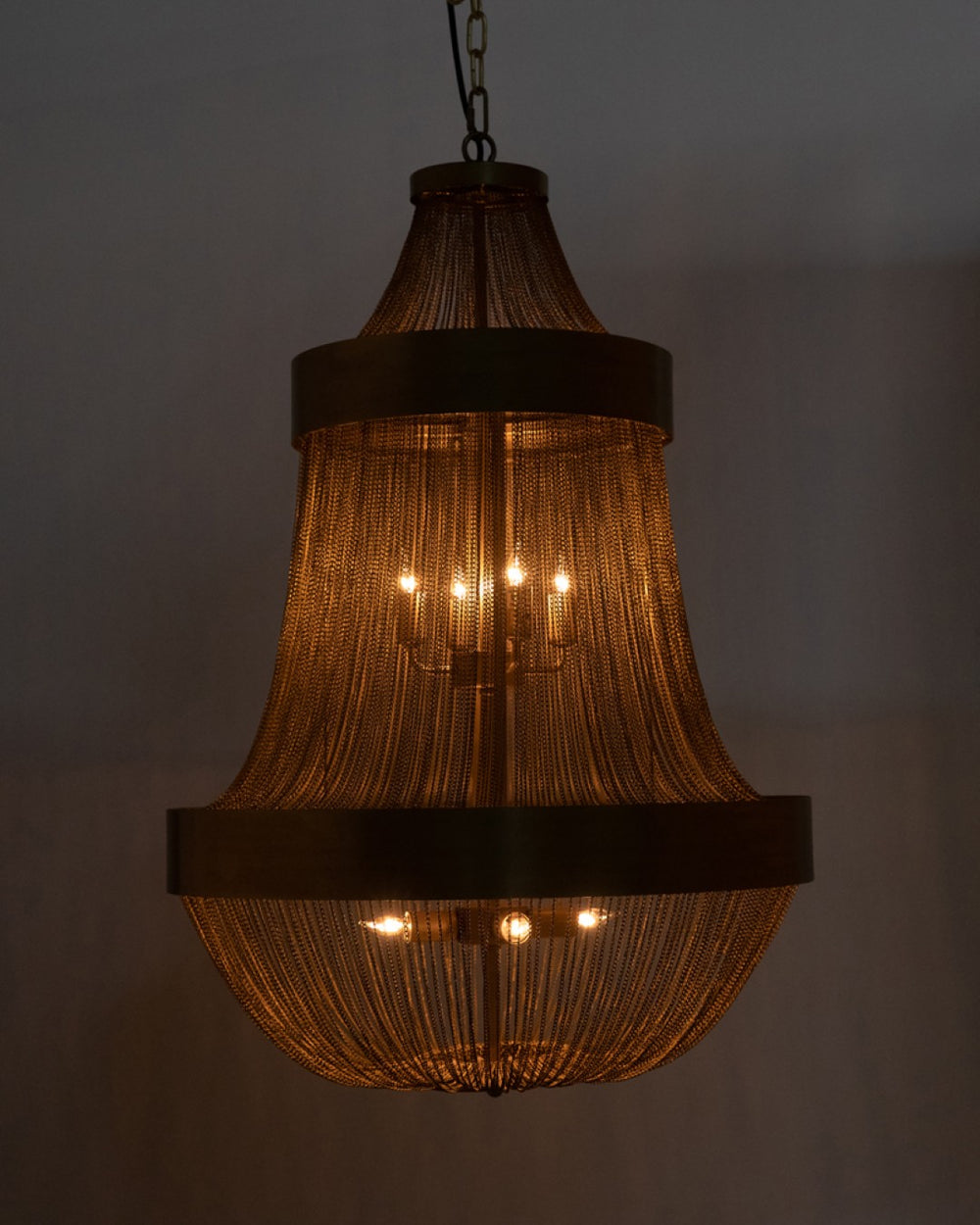 Noir Pavilion Chandelier - Antique Brass Eight-Bulb Fixture with Cascading Chains for Stylish Illumination LAMP715MB