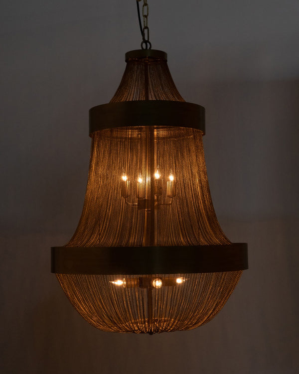 Noir Pavilion Chandelier - Antique Brass Eight-Bulb Fixture with Cascading Chains for Stylish Illumination LAMP715MB