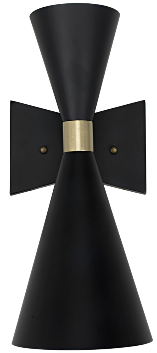 Noir Ariel Sconce - Artisan-Crafted Black Iron Wall Fixture with Dual Cone Shades for Stylish Lighting LAMP743MTB