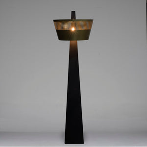 Noir Claudius Floor Lamp - Handcrafted Metal Beauty with Swooping Base & Burnished Brass Shade Elegance LAMP759MB