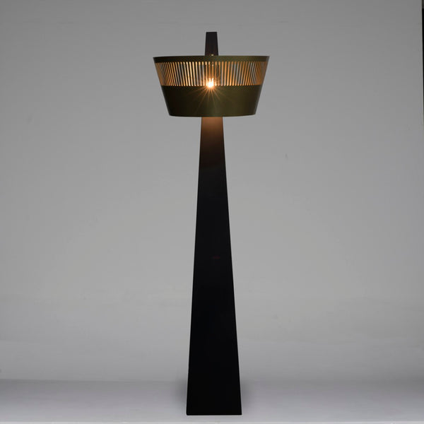 Noir Claudius Floor Lamp - Handcrafted Metal Beauty with Swooping Base & Burnished Brass Shade Elegance LAMP759MB