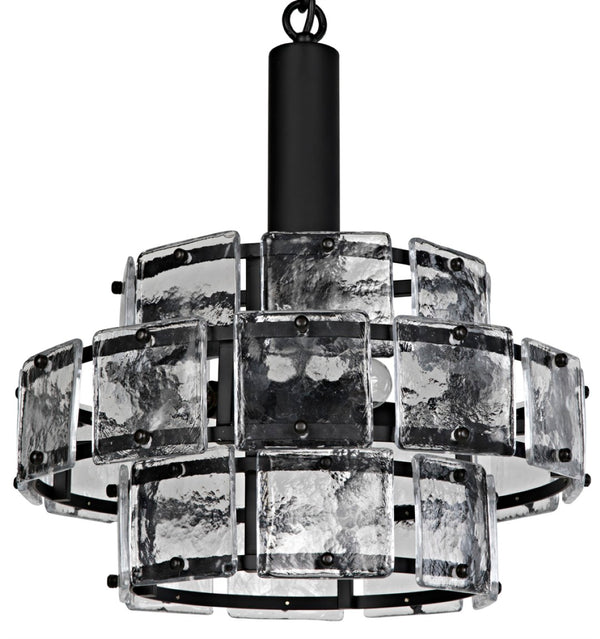 Noir Bergdorf Pendant Light Fixture - Modern 3-Tier Chandelier with Antiqued Glass & Matte Black Iron Frame LAMP768MTB