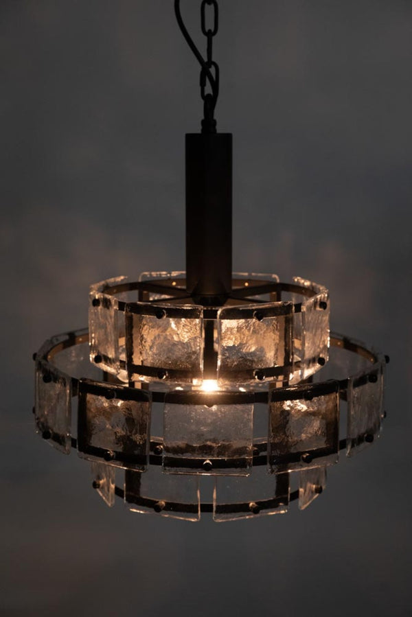 Noir Bergdorf Pendant Light Fixture - Modern 3-Tier Chandelier with Antiqued Glass & Matte Black Iron Frame LAMP768MTB