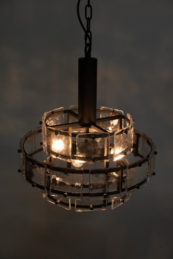 Noir Bergdorf Pendant Light Fixture - Modern 3-Tier Chandelier with Antiqued Glass & Matte Black Iron Frame LAMP768MTB
