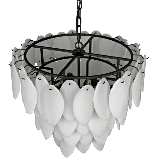 Noir Lotus Chandelier - Handcrafted Iron and Milk Glass, Sculptural Design for Modern Spaces and Elegance L LAMP780MTB
