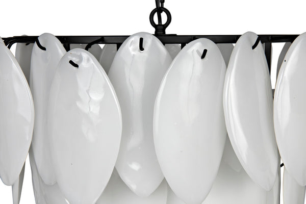 Noir Lotus Chandelier - Handcrafted Iron and Milk Glass, Sculptural Design for Modern Spaces and Elegance L LAMP780MTB