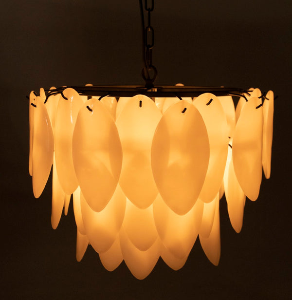 Noir Lotus Chandelier - Handcrafted Iron and Milk Glass, Sculptural Design for Modern Spaces and Elegance M LAMP781MTB