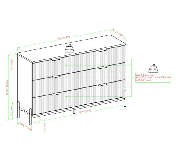 6 Drawer Dresser - Mid-Century Modern Style with Reeded Fronts and Smooth-Glide Drawers for Storage