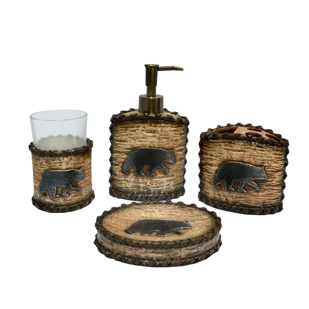 Hiend Accents Lodge Bear Countertop Bathroom Set – Rustic 4-piece Collection For A Cozy Wilderness Retreat Brown Resin Ld3110