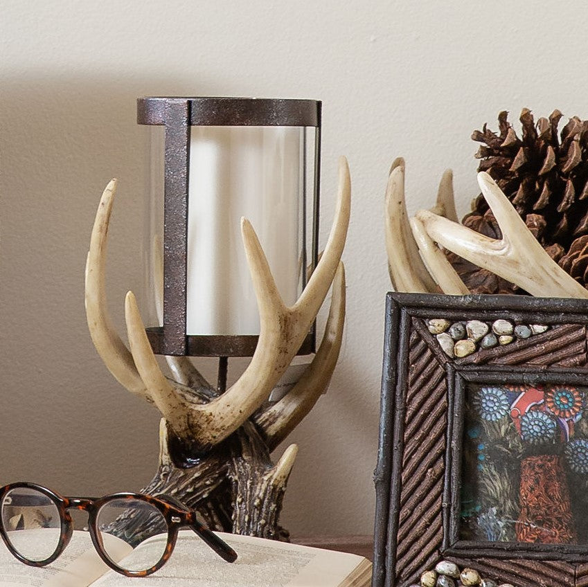 Hiend Accents Antler Hurricane Candle Holder - Rustic Elegance For Your Home Decor, Perfect Centerpiece Accent Tan,Brown 50% Polyresin,40% Metal,10% Glass Ld6013